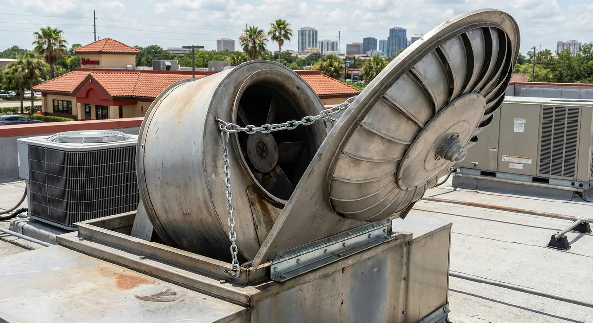 Exhaust fan hinge installation on rooftop in Sacramento California